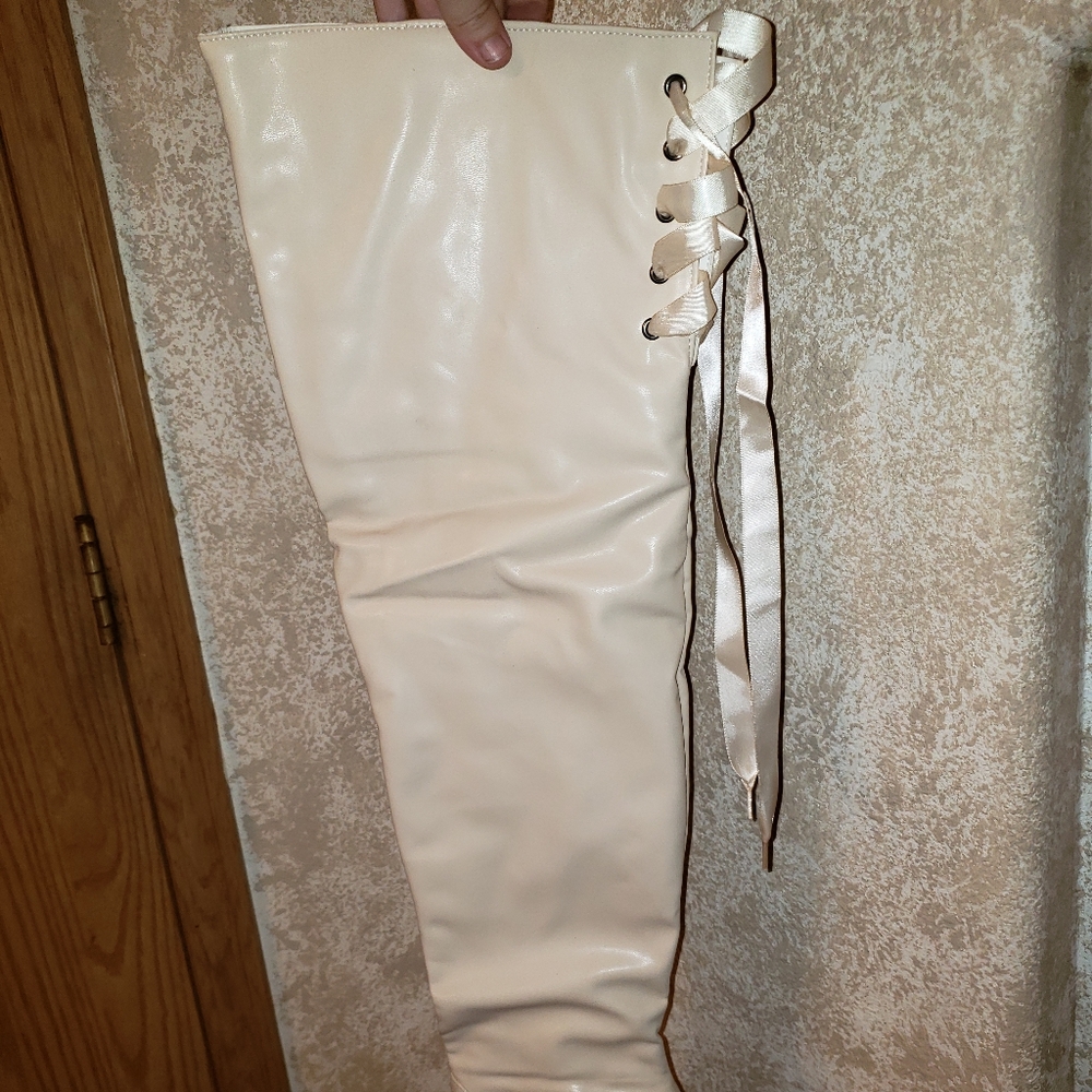 Cream colored  thigh high with lace heeled boots